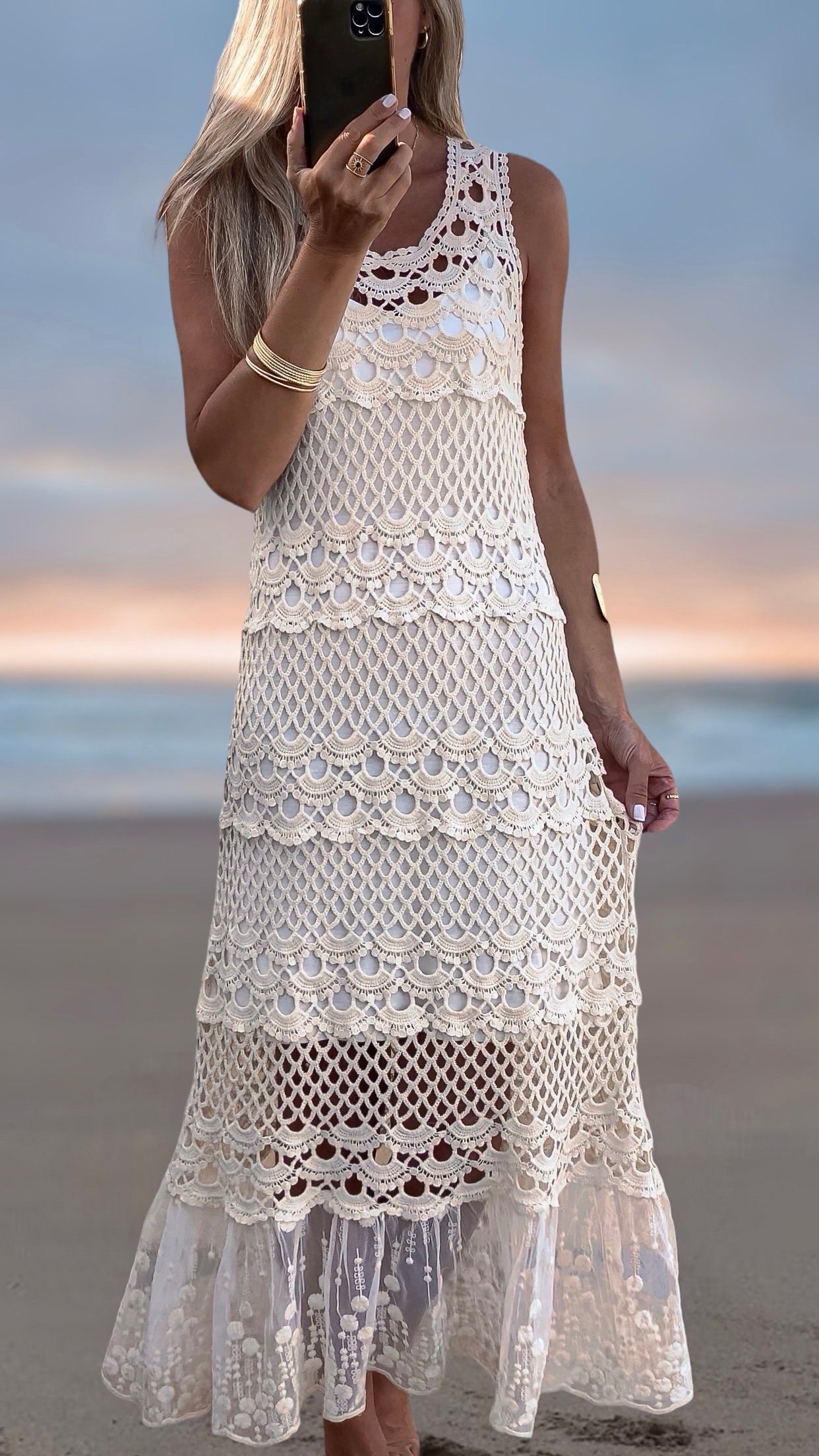 cream crochet beach dress LIVE KOLIBRI - Cream Hand-Woven Crochet Dress with Gold Beads main image 0