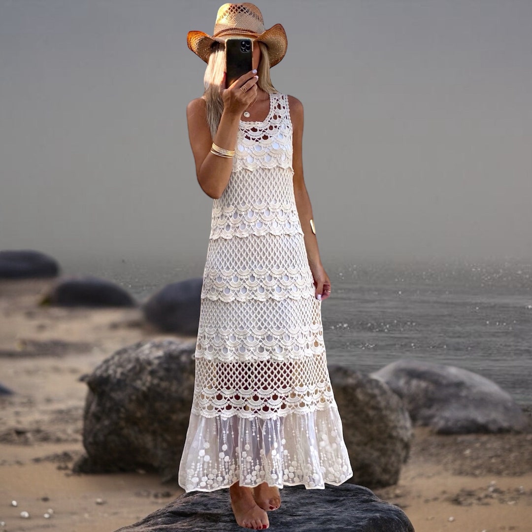 easter dress for plus size Boho Crochet Tank Beach Cover Up – White Hollow Out Summer Mini Dress –  Boho Beach Hut main image 0