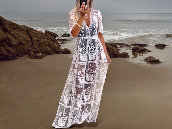 Boho Lace Maxi Dress: White Embroidered Tulle Beach Wedding