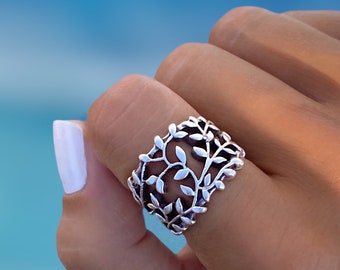 Silver Rings, Creeping Vine Filigree Adjustable Ring, Handmade Jewelry, Gifts for Women