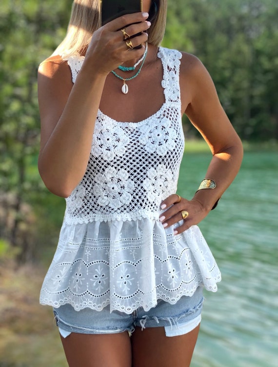 unbouquet　lace crochet tops Crochet Lace Boho Top: White Ibiza Summer Clothing - Etsy