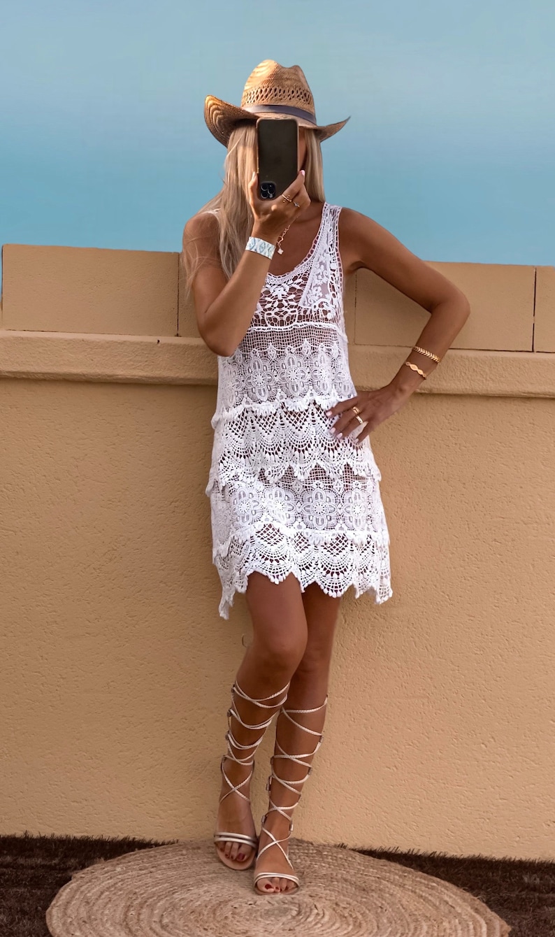 Crochet White Dress, Boho Beachy Dress, Summer Clothing image 4