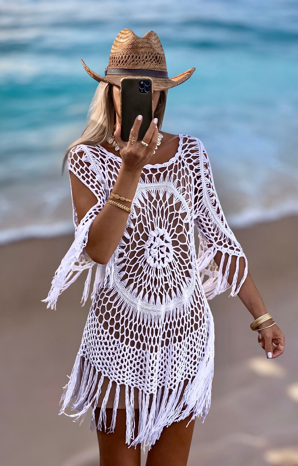 white crochet dress amazon White Crochet Knit Dress