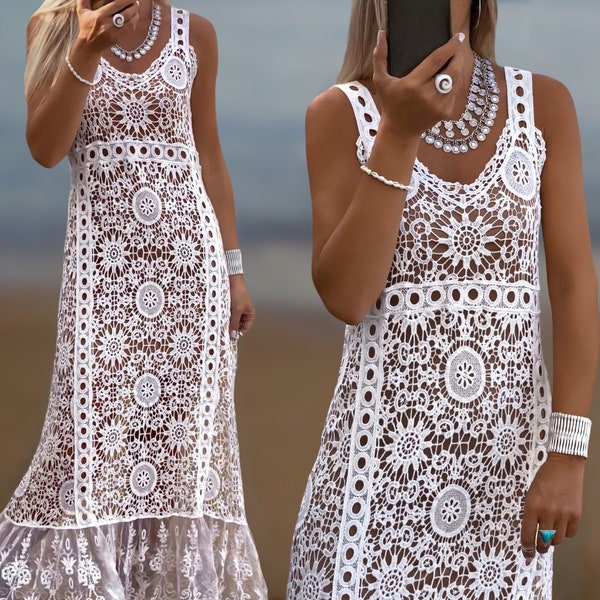 Robe Maxi blanche, robe de mariée Boho, robe longue Boho, robe de festival en crochet de coton