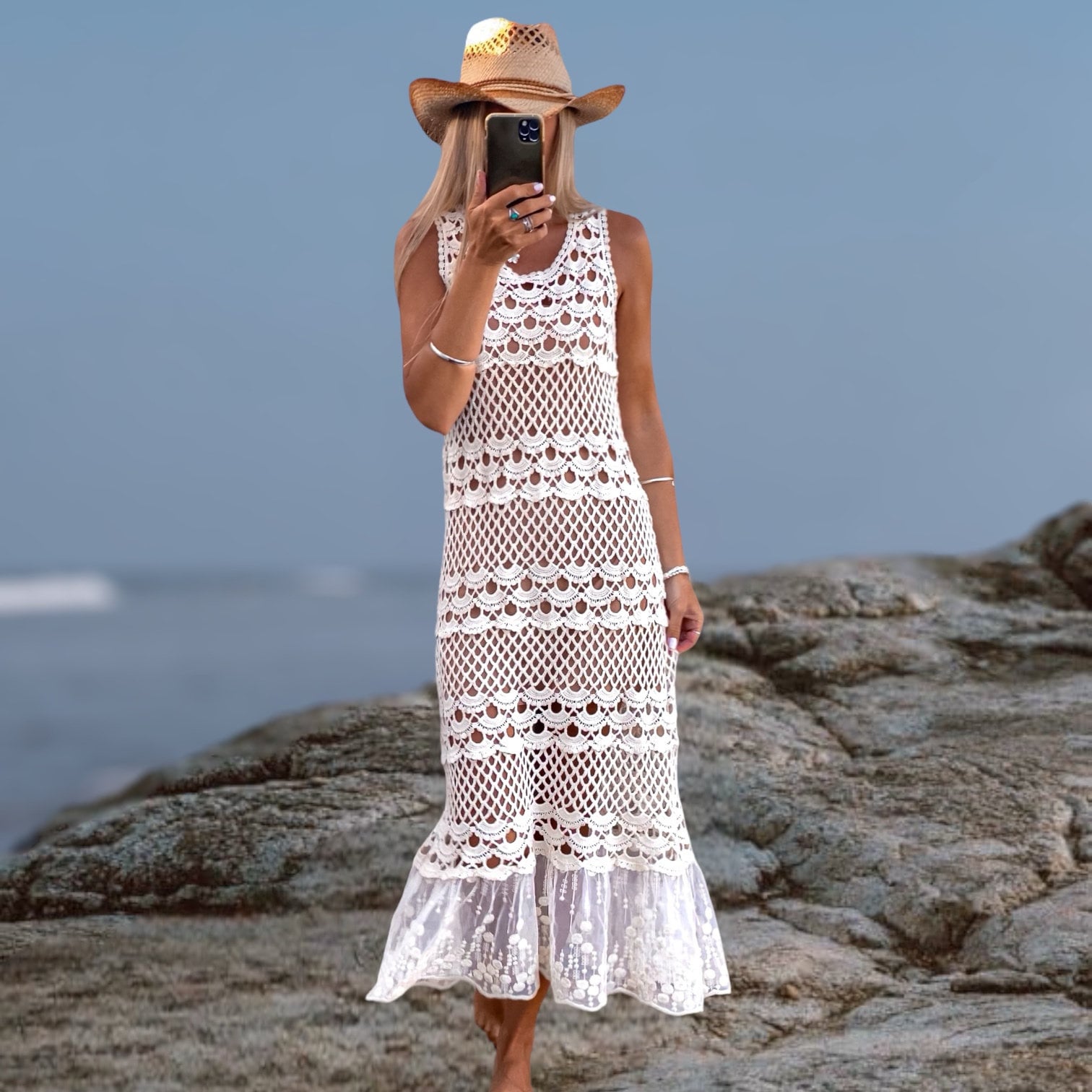 Boho Crochet Maxi Dress: White Cotton, Embroidered Tulle