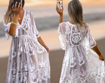 White Maxi Dress, Boho Wedding Dress, Lace Long Dress