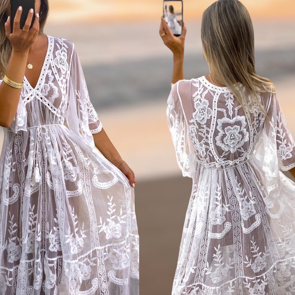 White Maxi Dress, Boho Wedding Dress, Lace Long Dress