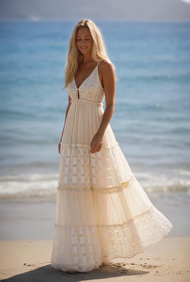 Boho Maxi Dress, Wedding Ivory Cotton Dress image 8