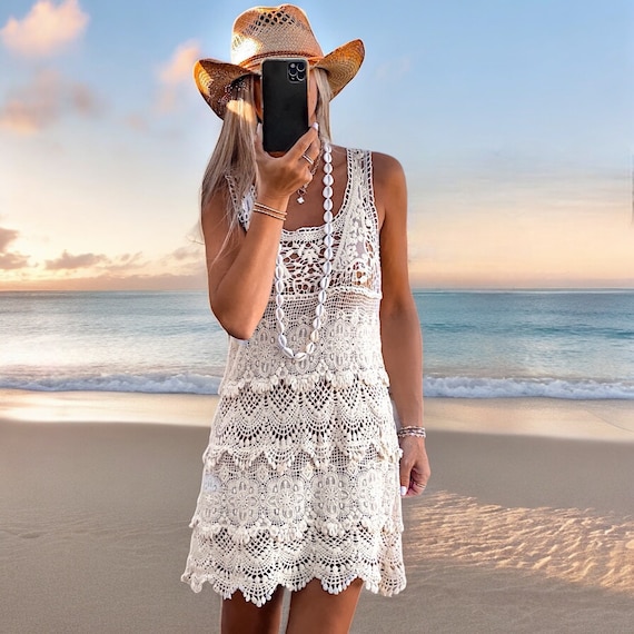 crochet look beach dress Ladies - Dark Red Crochet-Look Beach Dress - Size: S