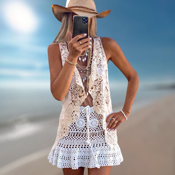 PEACE - Top Bordado Boho, Top Bohemio de Encaje Transparente, Top Ibicenco Blanco Pure, Moda Ibiza Adlib