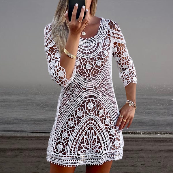 Gehäkeltes Boho Kleid, Weißes Sommer Kleid, Ibiza Kleid