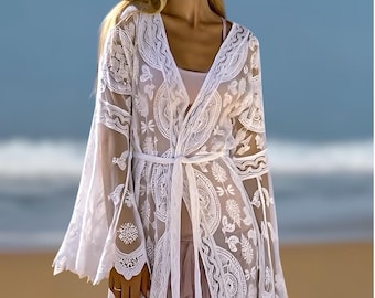 Weißer Spitze Kimono, Boho Gestickte Tüll Abdeckung, Braut Strand Kimono