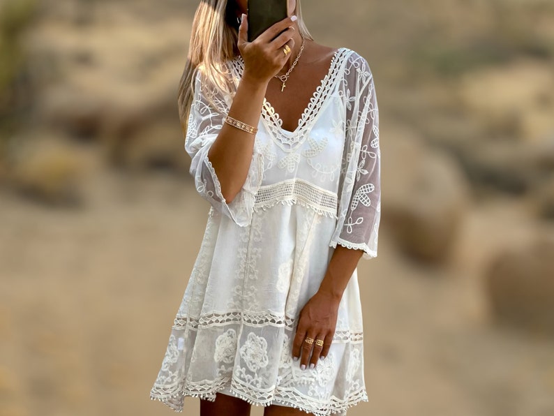 Boho Beige Dress, Lace Boho Wedding Dress, Bohemian Summer Kaftan, Ibiza Dress image 1