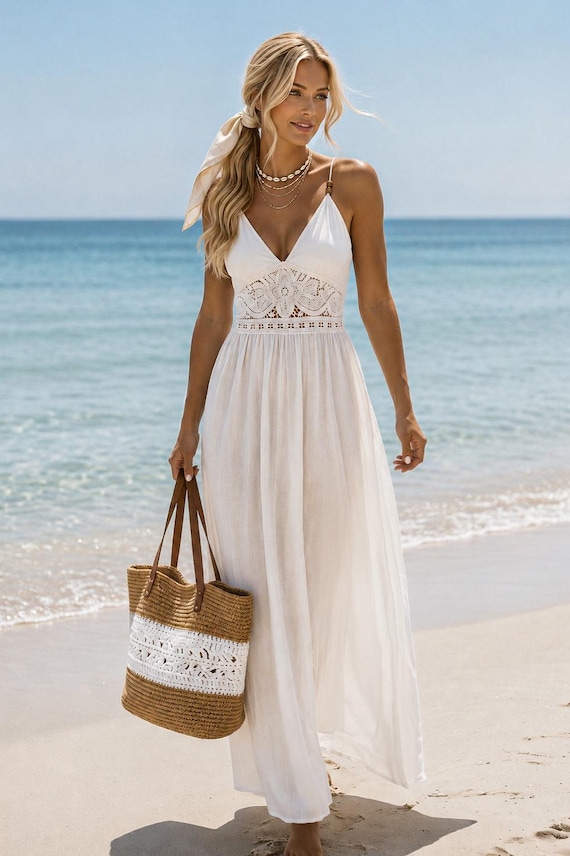 linen crochet dress Off White Boho Wedding Maxi – Adjustable Straps Maxi dress Women's Neutral Cotton Dresses Baby Pink Pack it in your Color:Ivory Lace Ivory Lining