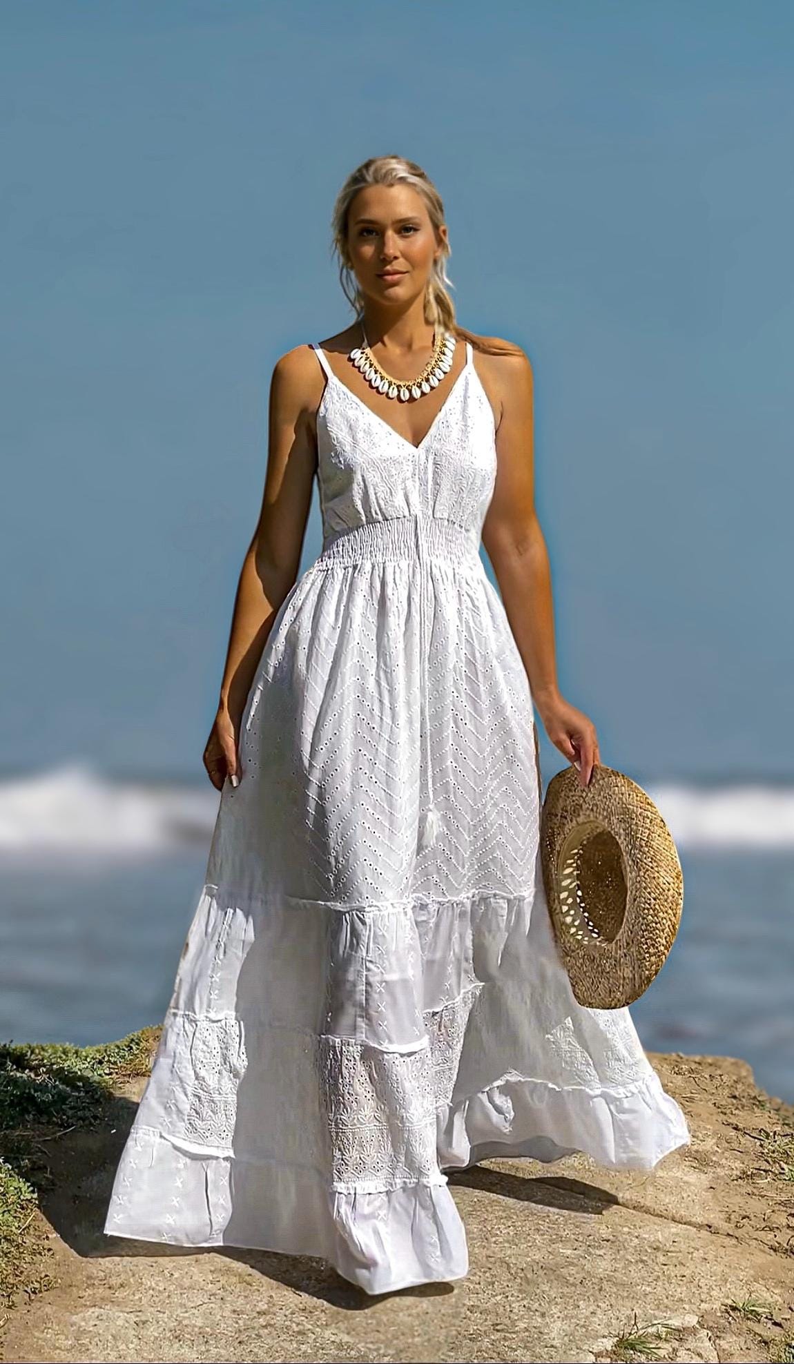 white boho formal dress Wedding Dress, Boho Chic Cotton Embroidered Maxi Dress, Romantic Summer Dresses formal bohemian dress