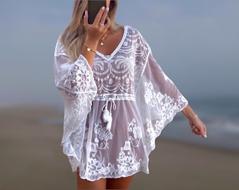 Boho Lace Top, White Sheer Lace Top, Delicate White Kaftan,  Adlib Ibiza Fashion, Women Clothing