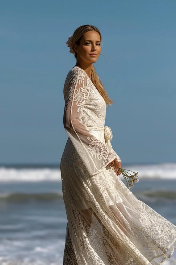 boho kimono wedding dress Lace Dress, Elegant Sheer Cover Up for Bridal, Events and Everyday Wear Woman in brilliant blue-green sunset evenings * Feeling published_date:2024-01-29T18:46:18Z Color:Same as pictrure