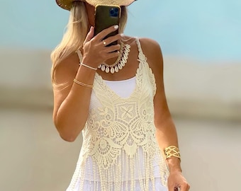Gehäkeltes Boho Top, Baumwolle Ecru Fransen Top