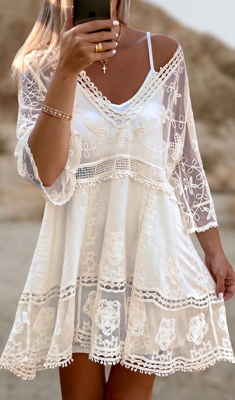 Boho Beige Dress, Lace Boho Wedding Dress, Bohemian Summer Kaftan, Ibiza Dress image 3