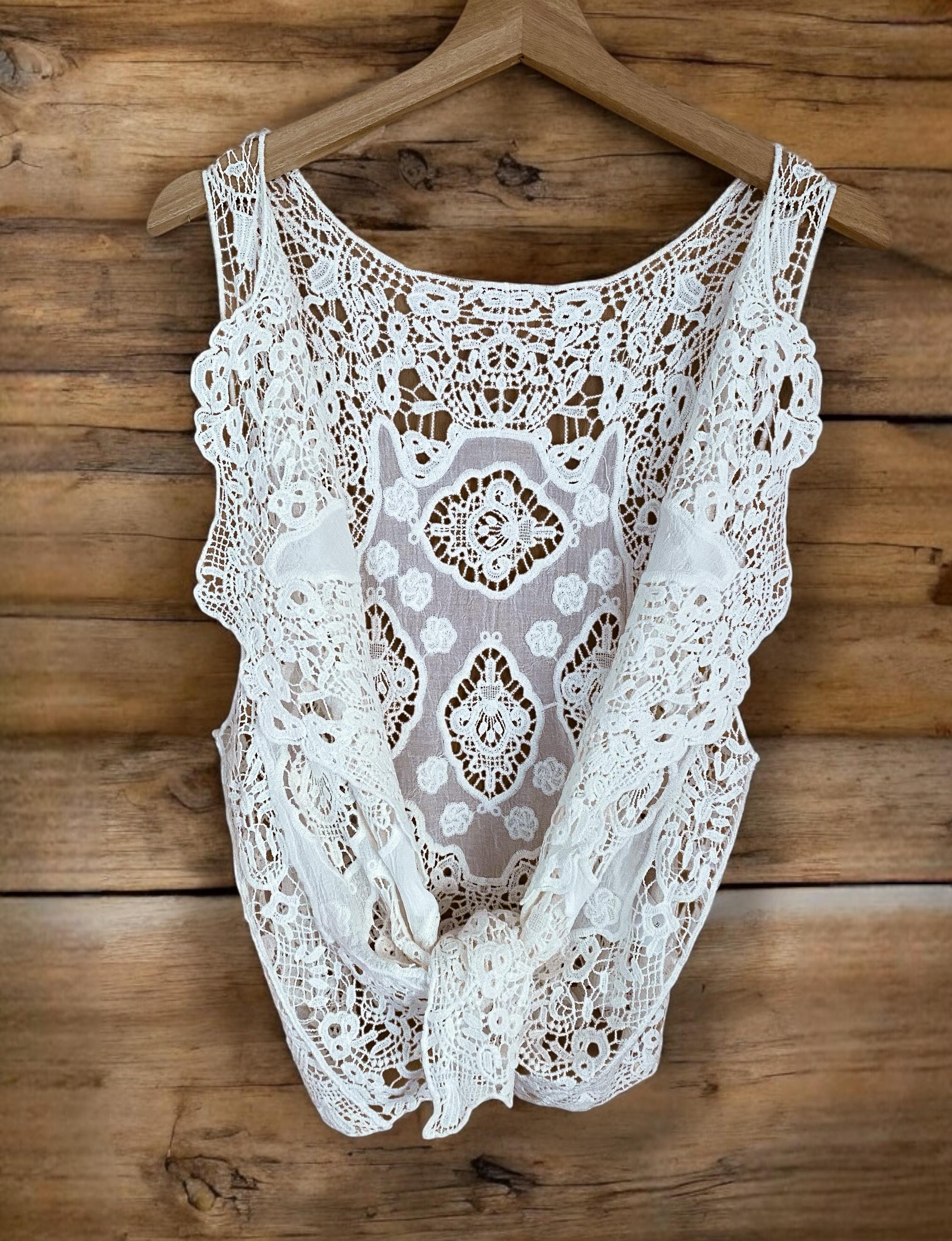 Lace Top, Beige Boho Vest, Vintage Shirt, Sheer Lace, Summer 