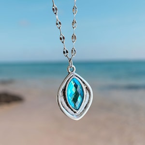 Ocean Blue Crystal Necklace, Silver Minimalist Necklace, Handmade Jewelry, Gifts for Her