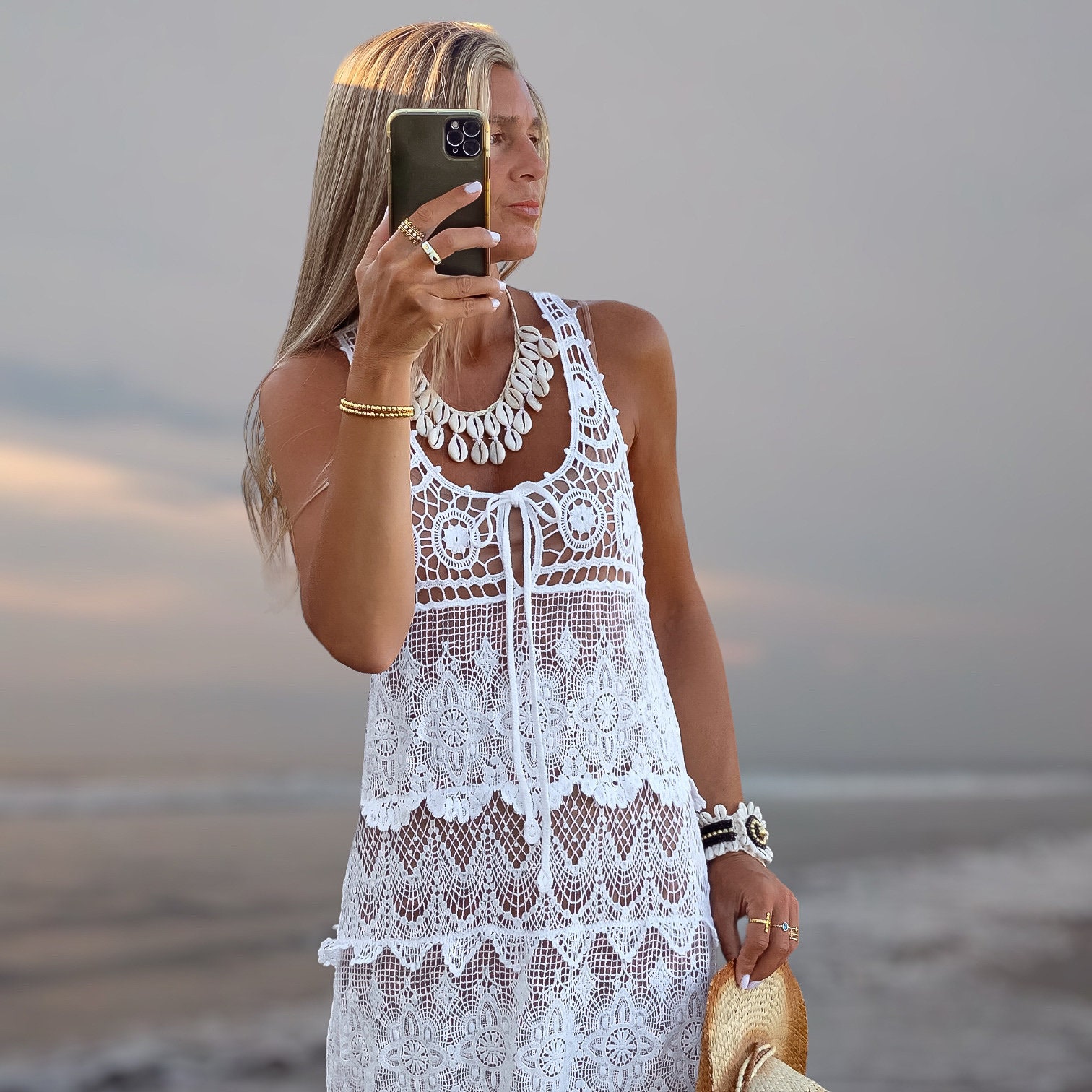 White Cotton Crochet Boho Maxi Dress: Beach Wedding Festival