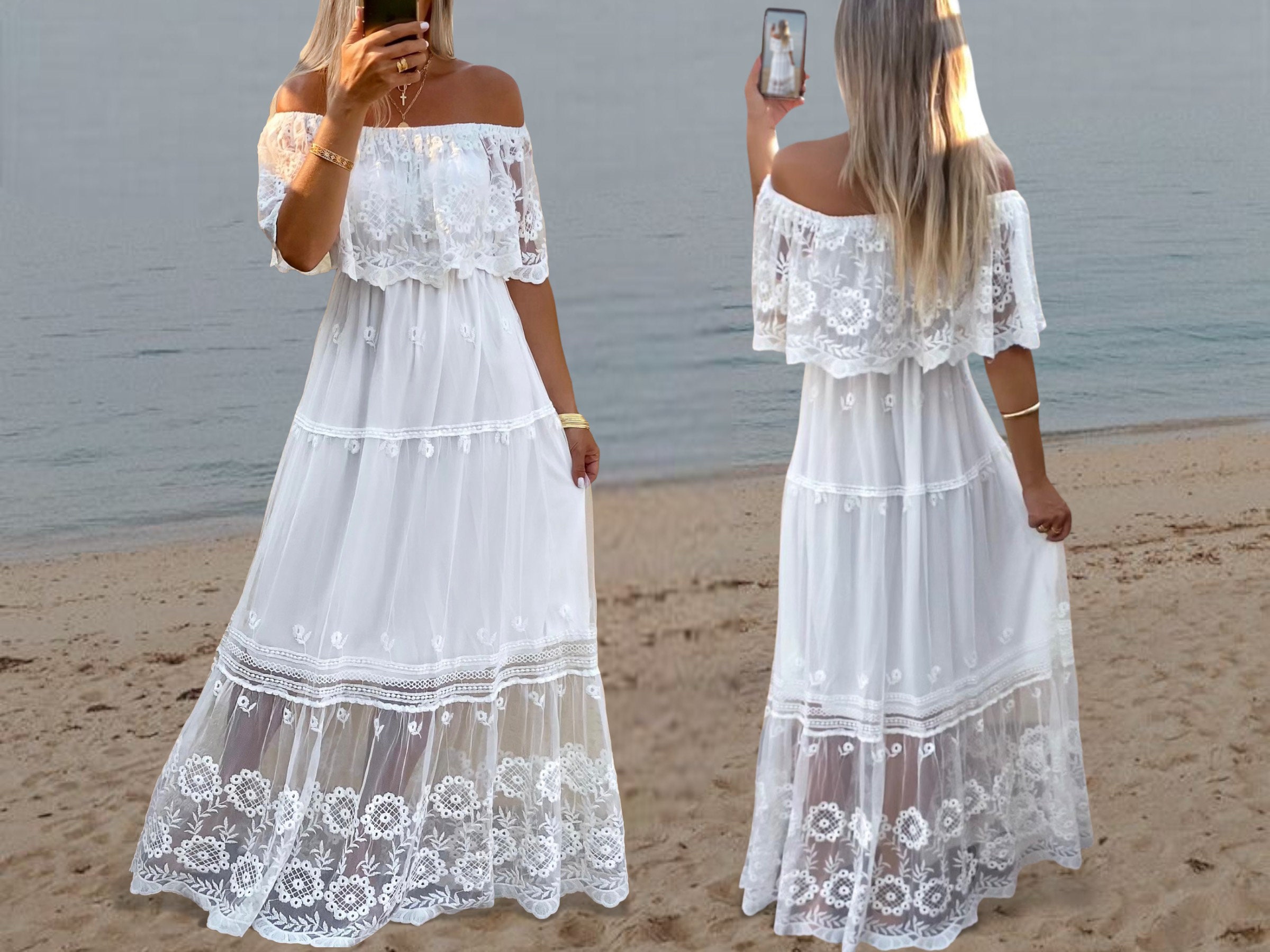 Robe de mariée bohème en dentelle décolleté Bardot