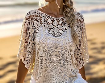 Boho gehaakte kanten top, strandkleed, zomerkleding voor dames