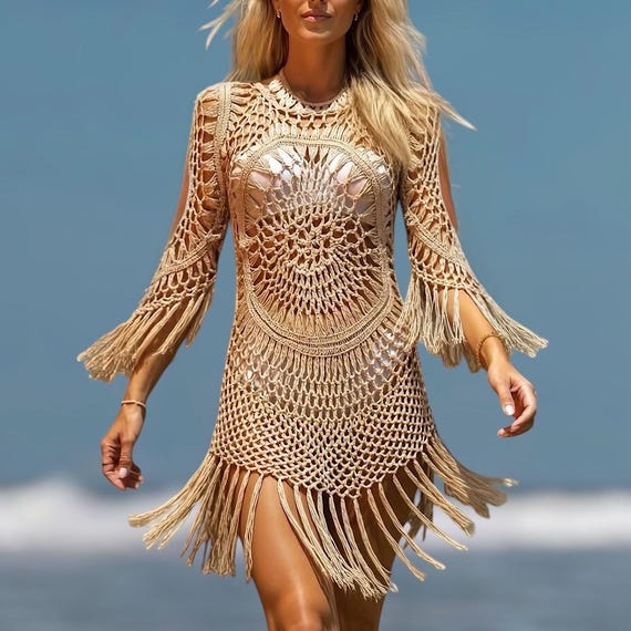 crochet beige dress Boho Mini Taupe Cotton Fringe / Bohemian Beach Cover Up Open Sleeve Dress Size:M oversized 55 long based on Work Event Mexican Dress Collection -