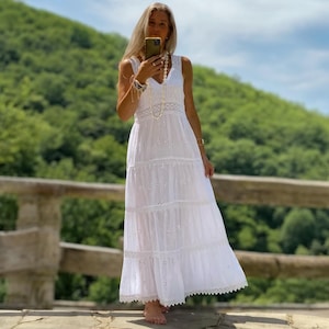 Weißes Boho Kleid, Sommer Langes Kleid, Frauen Kleidung