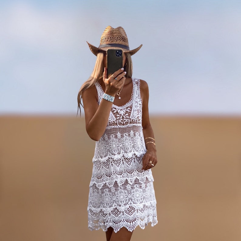 Crochet White Dress, Boho Beachy Dress, Summer Clothing image 1