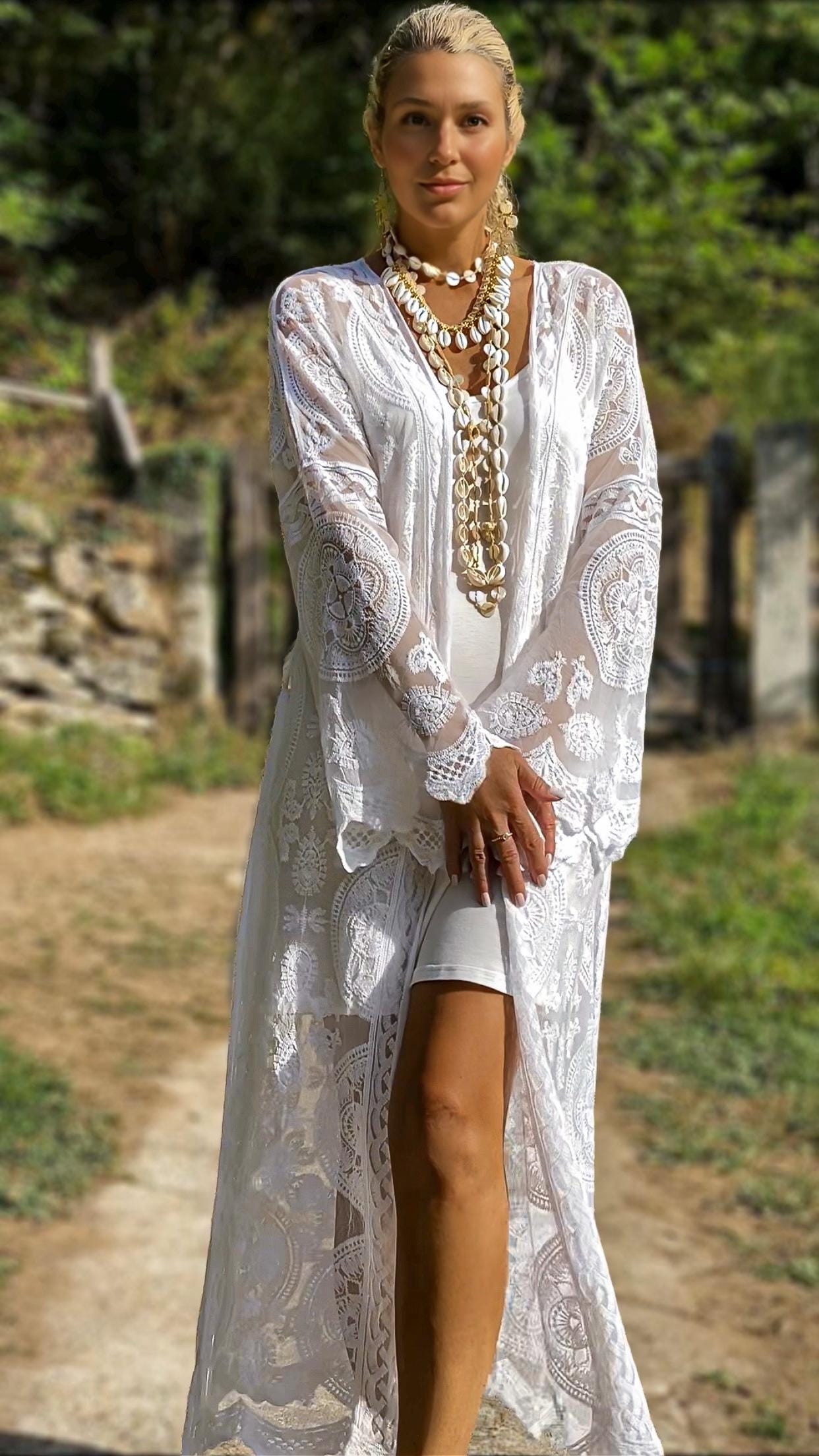 kimono lace dress White Lace Kimono, Boho Embroidered Tulle Cover up, Bridal Beach Kimono