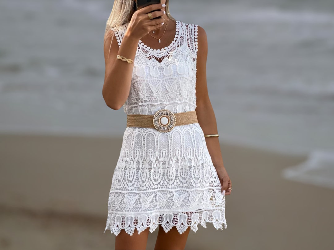 Crosa - Solid Color Lace Patchwork Beach Dress