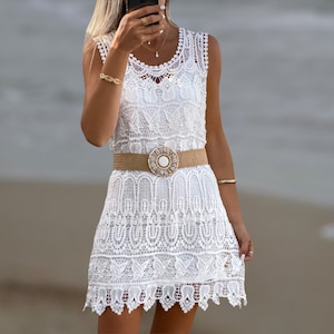 Vestido boho blanco, vestido boho de ganchillo, vestido de encaje de verano, ropa de mujer