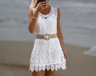 Vestido boho blanco, vestido boho de ganchillo, vestido de encaje de verano, ropa de mujer