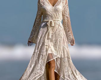 Vestido kimono de encaje bohemio, elegante prenda transparente para novias, eventos y uso diario.