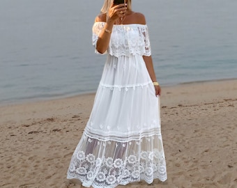 Abito da sposa Boho, Abito maxi in pizzo bianco, Abito maxi Boho Chic, Matrimonio Boho