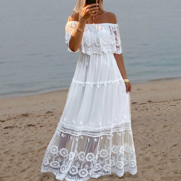 Robe de mariée bohème, robe longue en dentelle blanche, robe longue bohème chic, mariage bohème