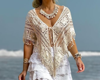 Boho Cotton Top,  Beige Crochet Fringe Cover Up,  Wedding Guest Layer – Beach & Summer Outfit