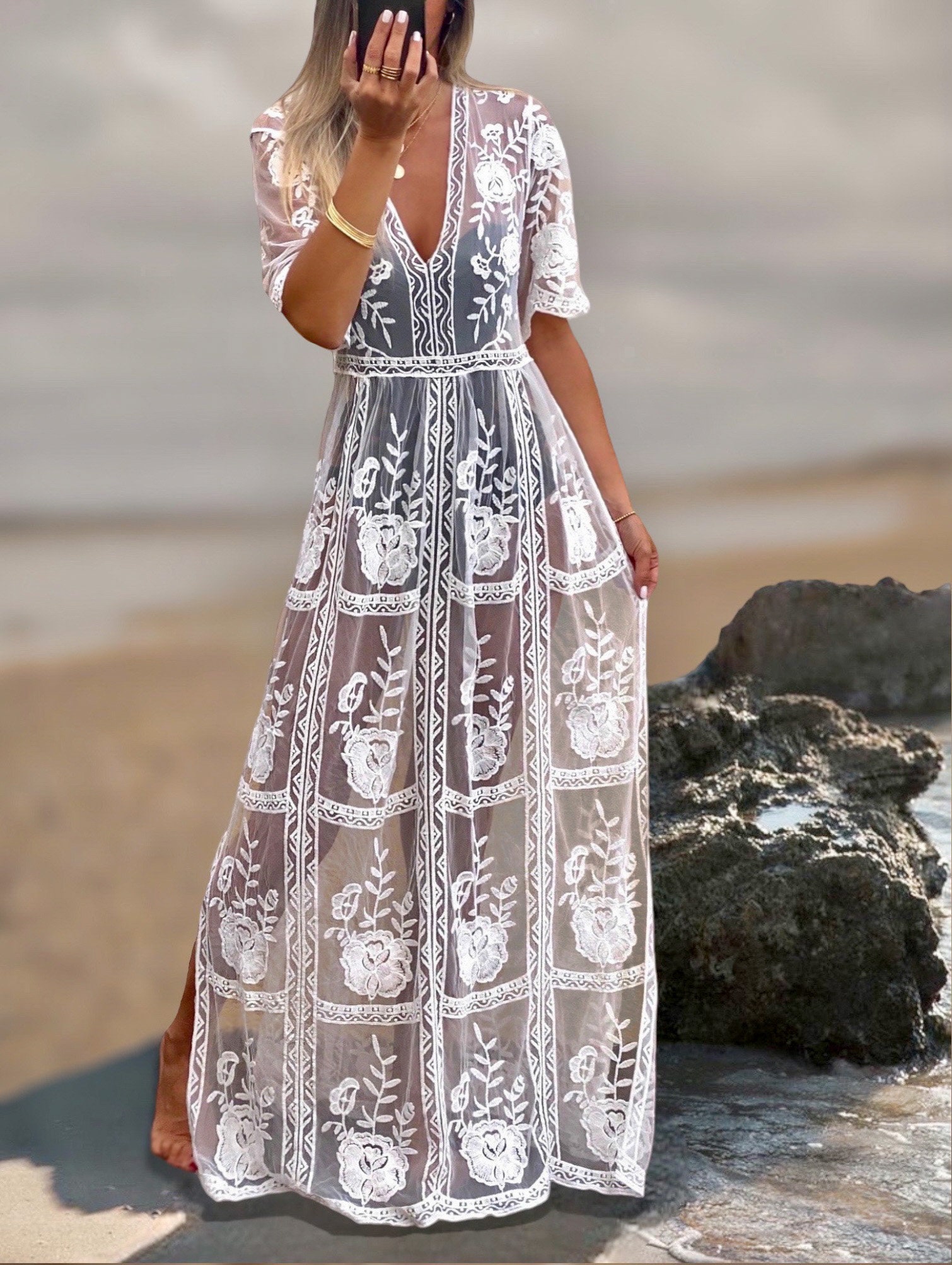 Boho Lace Maxi Dress: White Embroidered Tulle Beach Wedding