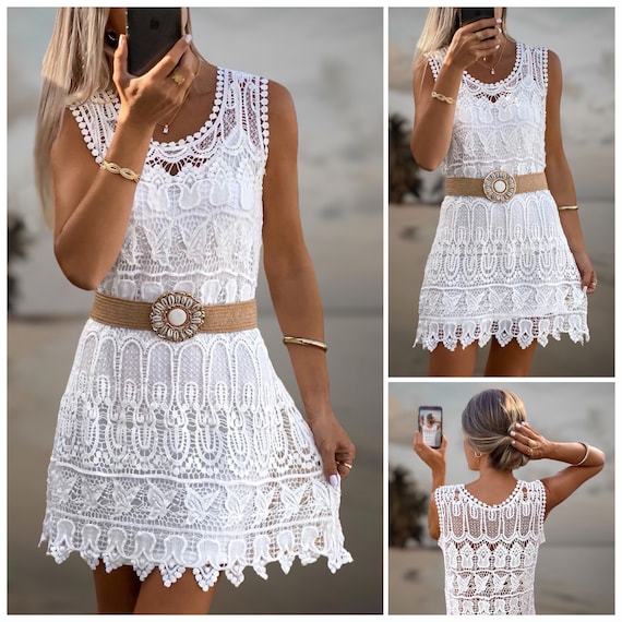 Boho Crochet Lace Dress: White Embroidered Cotton Beach Cover-Up
