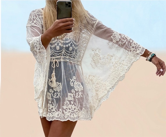 MURIEL - Romantic Boho Lace Top, Bohemian Sheer Lace Top, Delicate Pure White and Natural Kaftan,  Adlib Ibiza Fashion