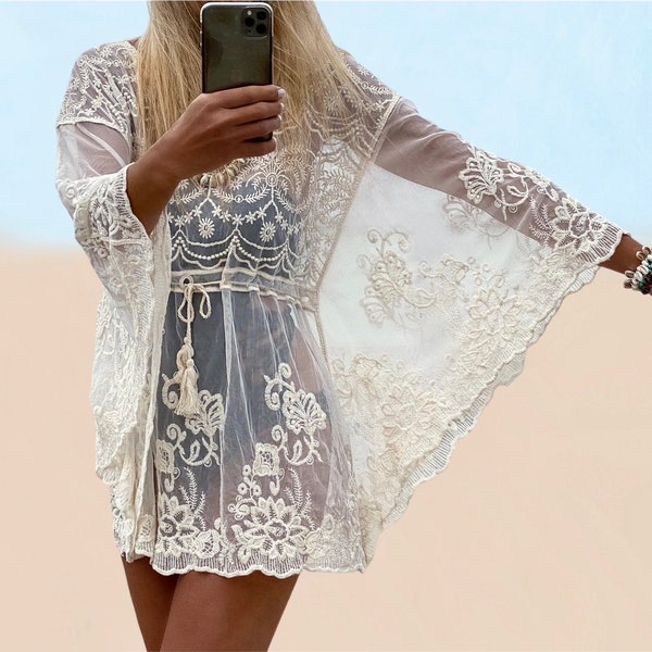 MURIEL - Romantic Boho Lace Top, Bohemian Sheer Lace Top, Delicate Pure White and Natural Kaftan,  Adlib Ibiza Fashion