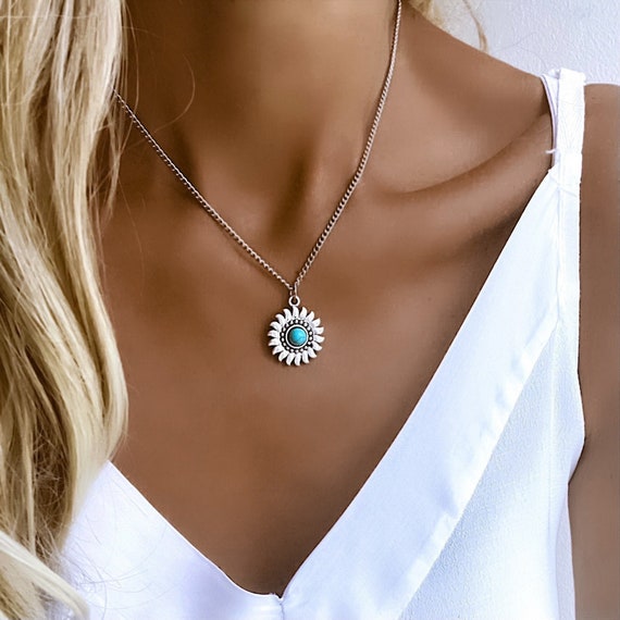 Sun Pendant Silver Necklace Sunflower 