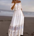 Lace Boho Wedding Dress: Bardot Neckline Tulle Maxi Dress product logo