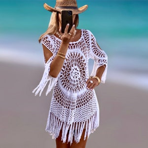 Boho vit klänning, virkad klänning, sommarkläder för kvinnor, strandklänningar