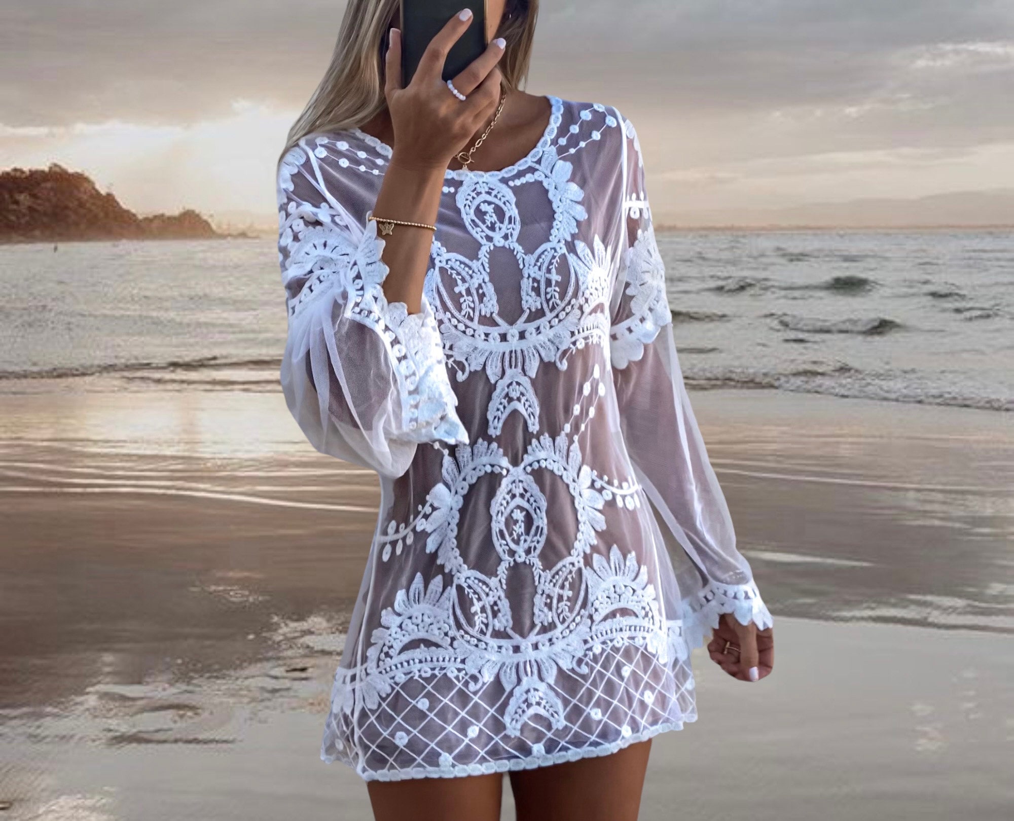 Boho Lace Kaftan: White Floral Swim Cover-Up, Ibiza Style Boho Lace Kaftan: White Floral Swim Cover-Up, Ibiza Style