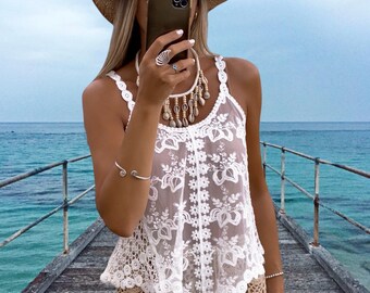 Crochet Boho Top, Embroidered White Tank Top