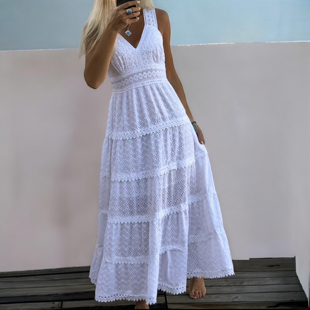 White Embroidered Cotton Boho Dress: Summer Maxi Long Dress
