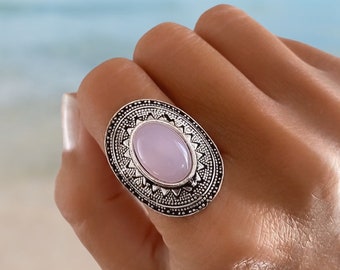 Pink Quartz Silver Ring, Adjustable Ring, Gifts for Women